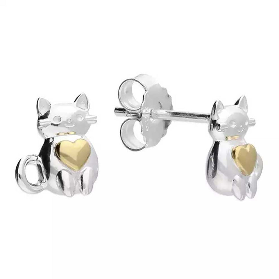 Francis & Gaye Sterling Silver & Gold Plated Heart Cat Earrings