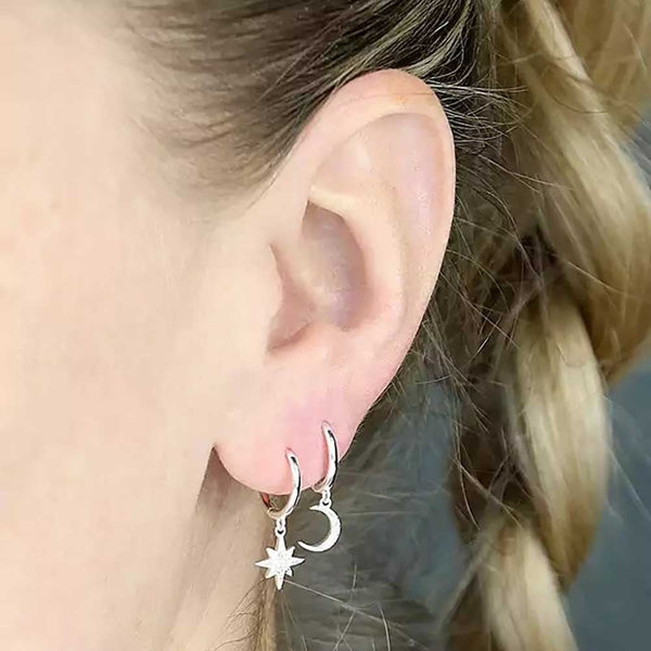 Francis & Gaye Sterling Silver Moon & Stars Huggie Hoops