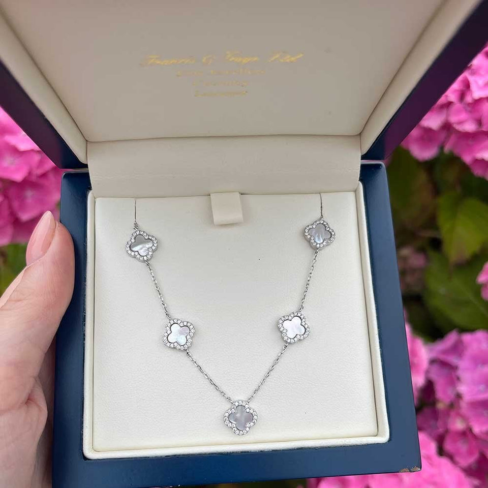 Francis & Gaye Sterling Silver Mother of Pearl Station Flower Necklace