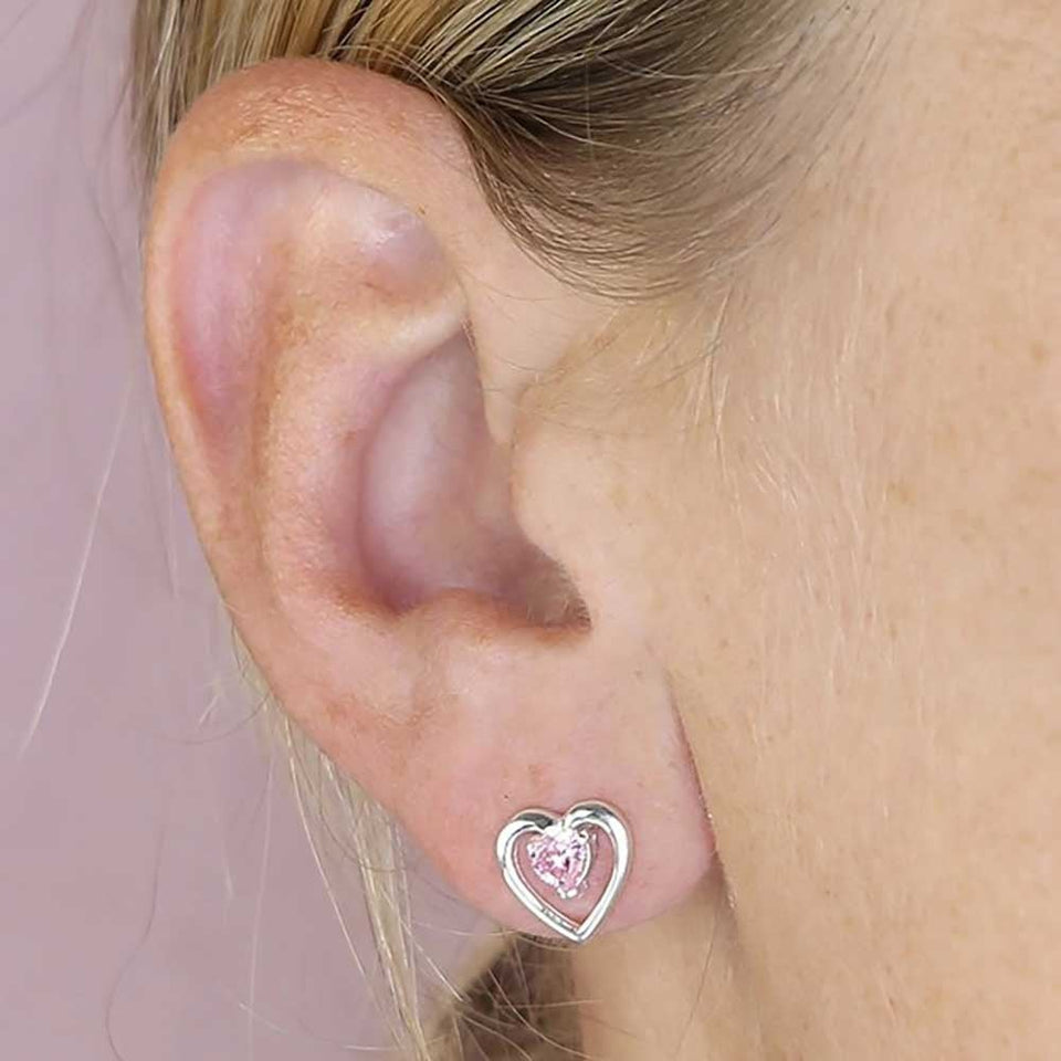 Francis & Gaye Sterling Silver Pink Stone Set Open Heart Earrings