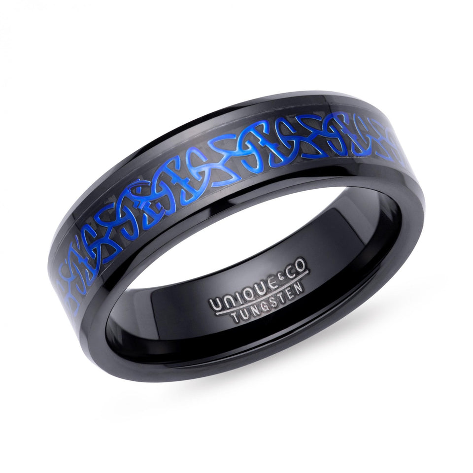 Francis & Gaye Tungsten Black Carbon Fibre Blue Inlay Ring