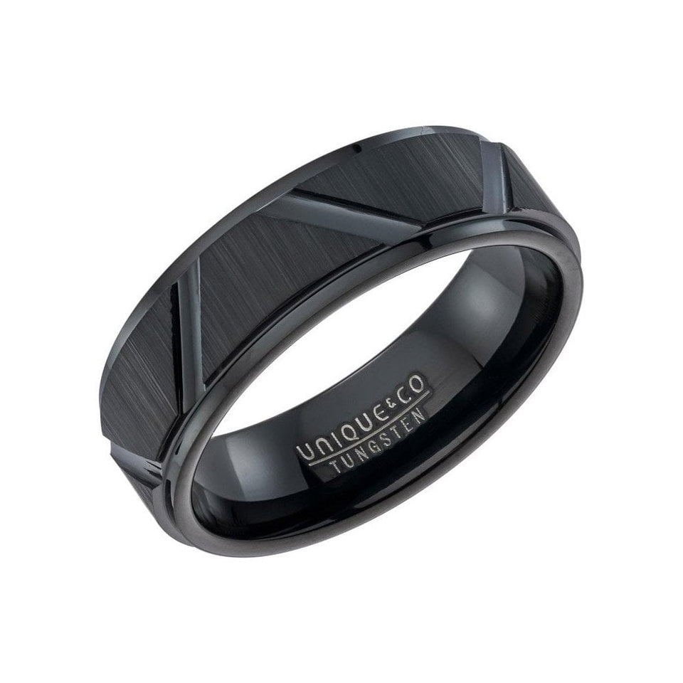 Francis & Gaye Tungsten Black Matte IP Plated Detailed 7mm Ring
