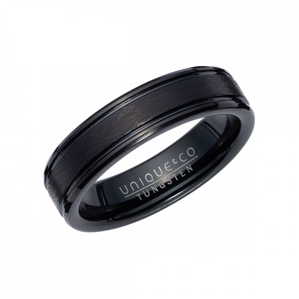 Francis & Gaye Tungsten Brushed Centre Black 6mm Band Ring