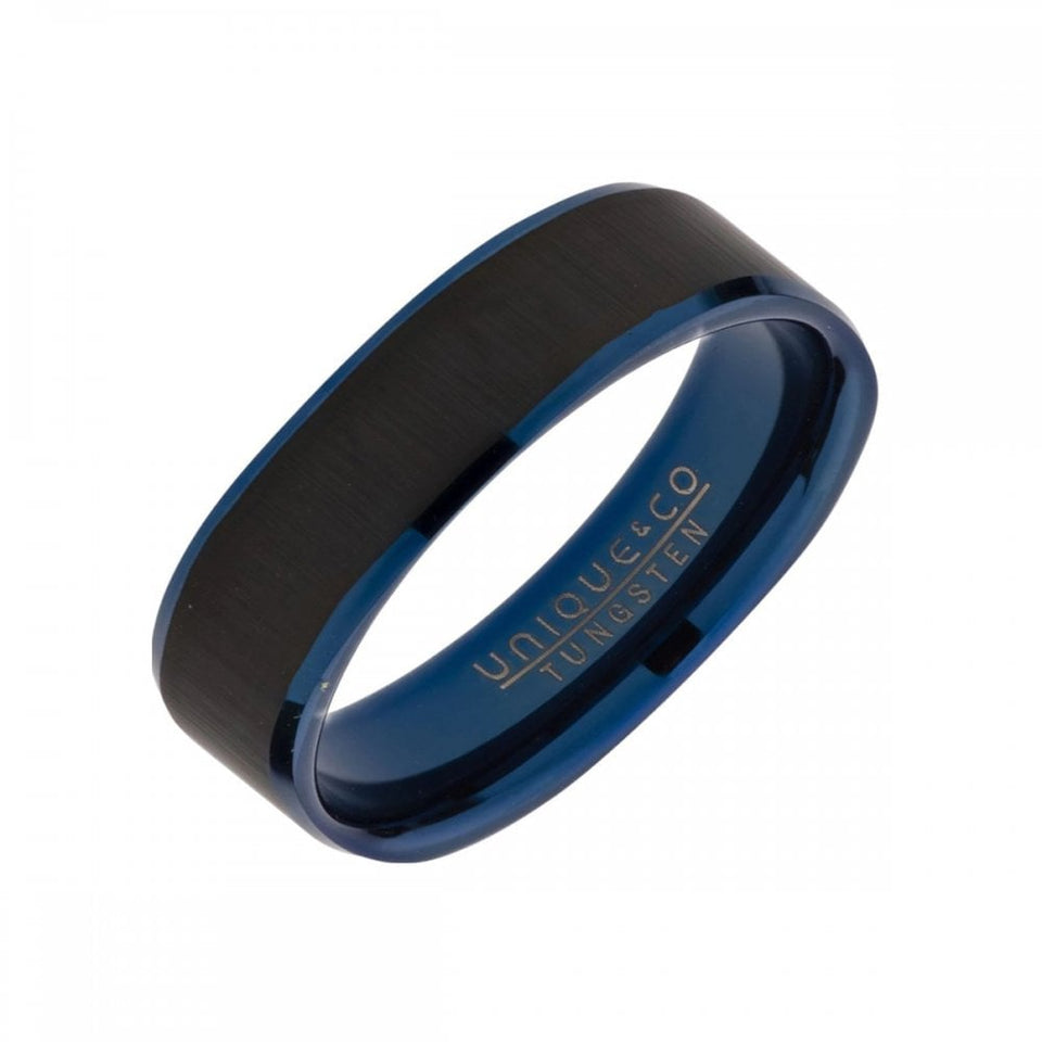 Francis & Gaye Tungsten Carbide Blue & Black IP Plated Squared Edge Ring