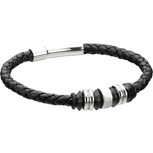Fred Bennett Black Leather Two Tone Discs Bracelet