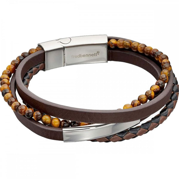 Fred Bennett Reborn Recycled Leather Tigers Eye Multi Row Bracelet
