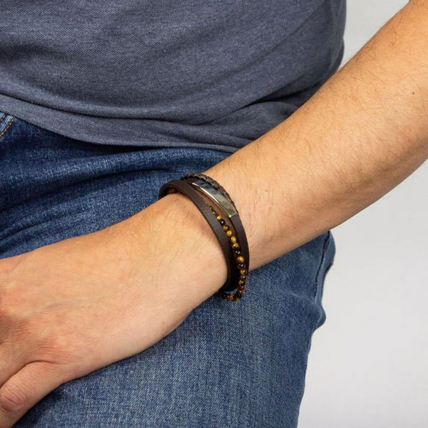 Fred Bennett Reborn Recycled Leather Tigers Eye Multi Row Bracelet
