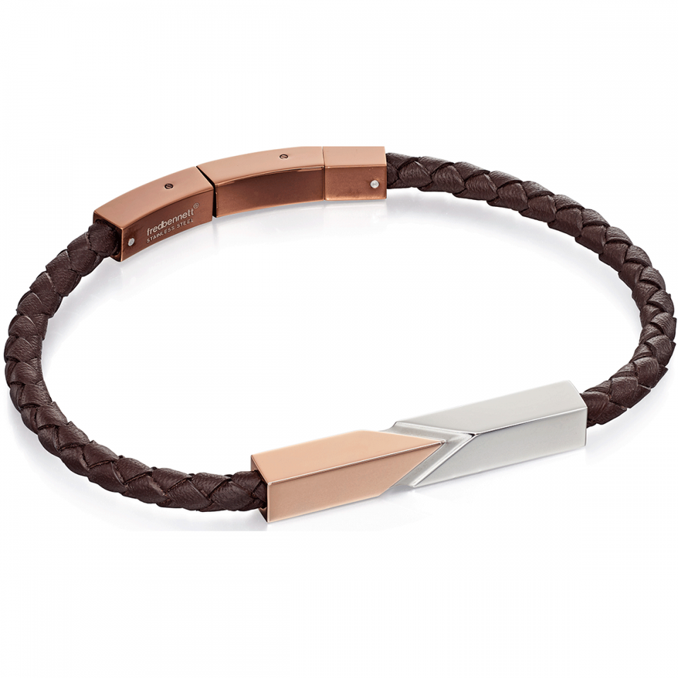 Fred Bennett Steel and Rose Brown Leather Bracelet