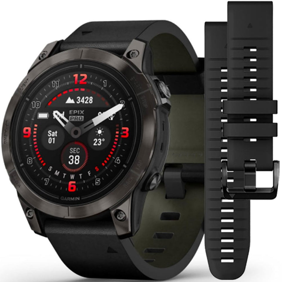 Garmin epix™ PRO (Gen 2) 47mm Carbon Grey DLC Titanium Smartwatch With Black Leather Band