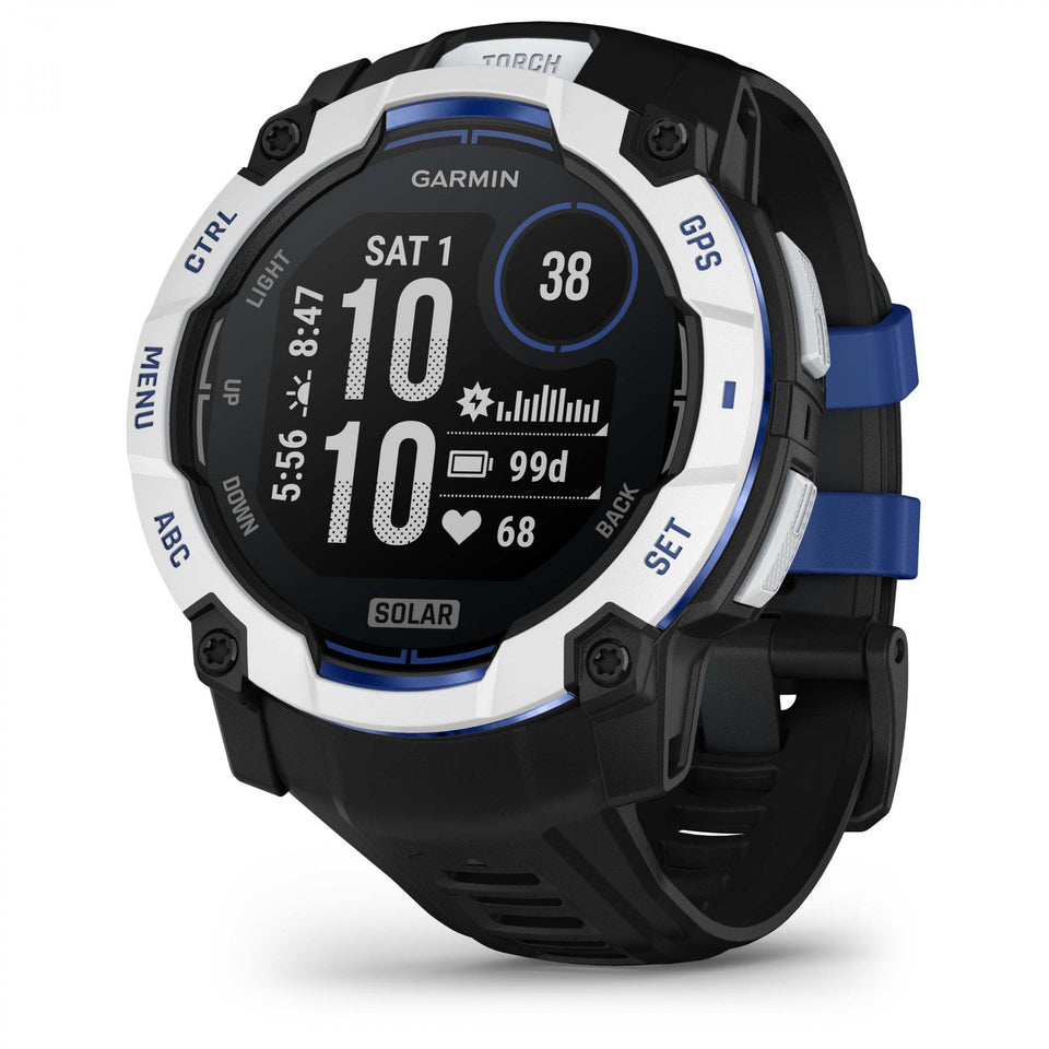 Garmin Instinct® 3 50mm Solar Whitestone & Black/Blue Strap Watch
