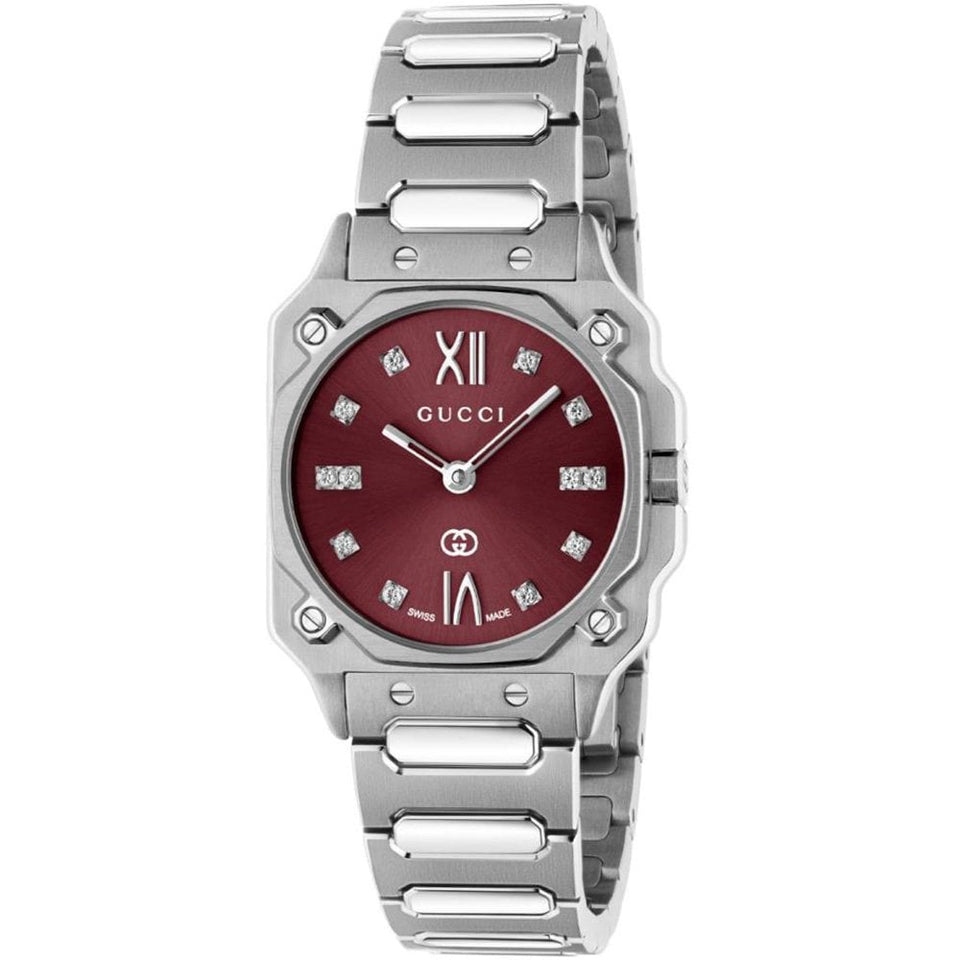 Gucci G-Flat 24mm Diamond Set Burgundy Dial Watch