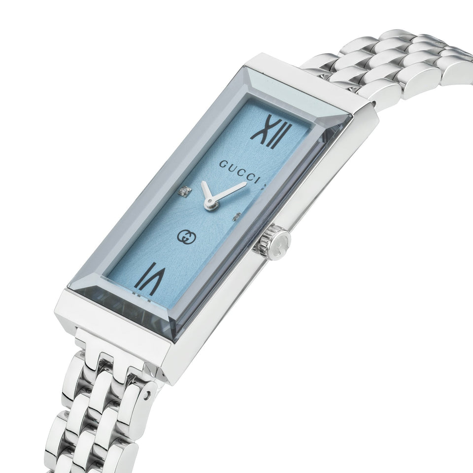 Gucci G-Frame 14mm Diamond Set Ladies Blue Dial Rectangle Watch