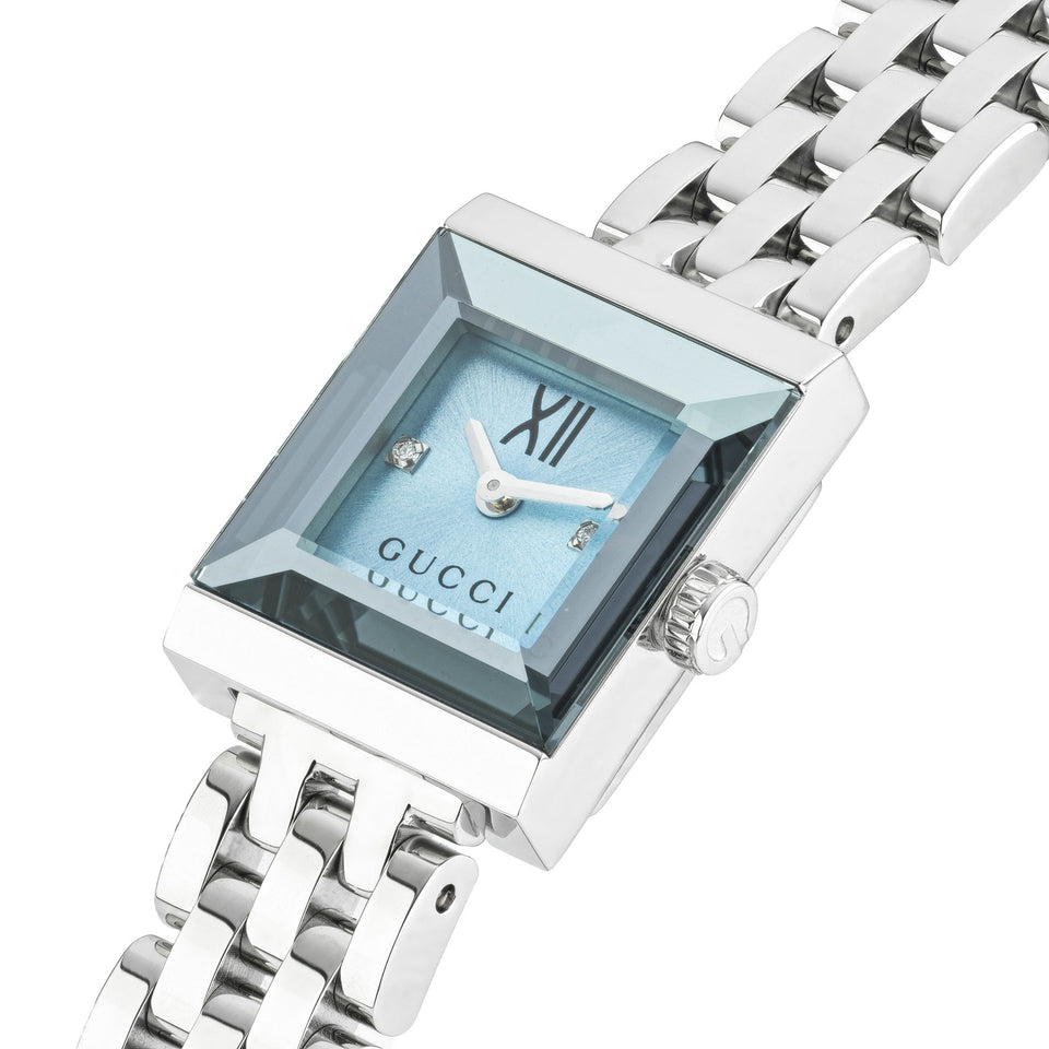 Gucci G-Frame 14mm Diamond Set Ladies Blue Dial Square Watch