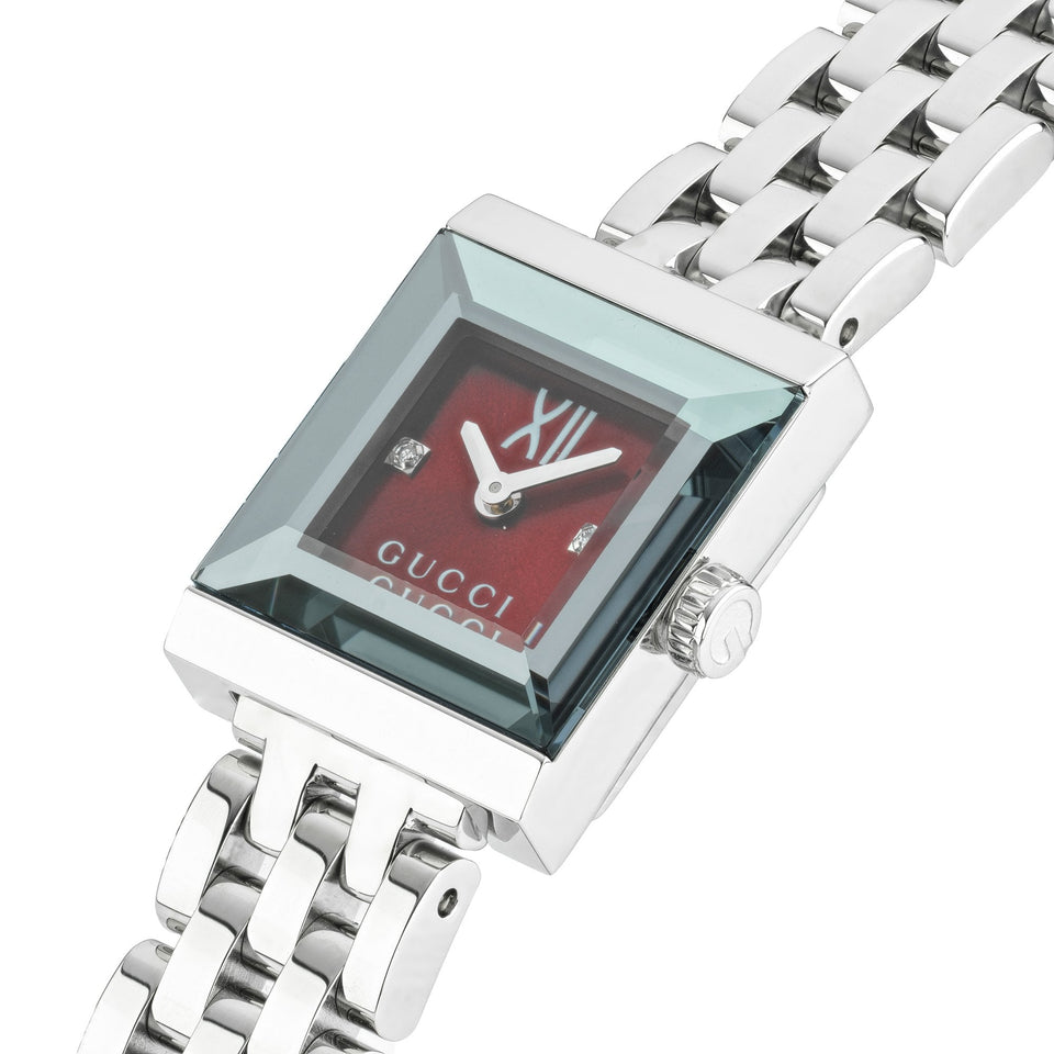 Gucci G-Frame 14mm Diamond Set Ladies Red Dial Square Watch