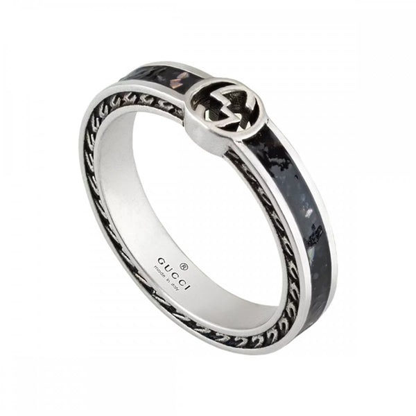 Gucci Interlocking 3mm Silver & Black Grain Enamel Ring