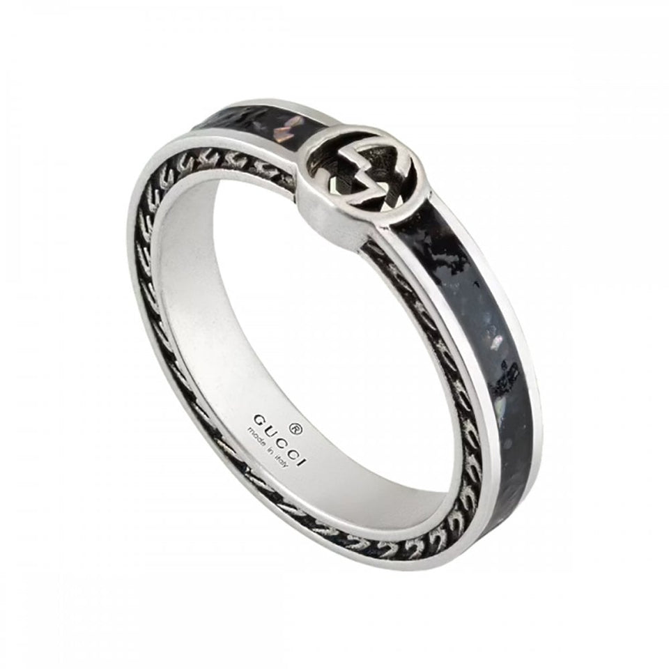 Gucci Interlocking 3mm Silver & Black Grain Enamel Ring