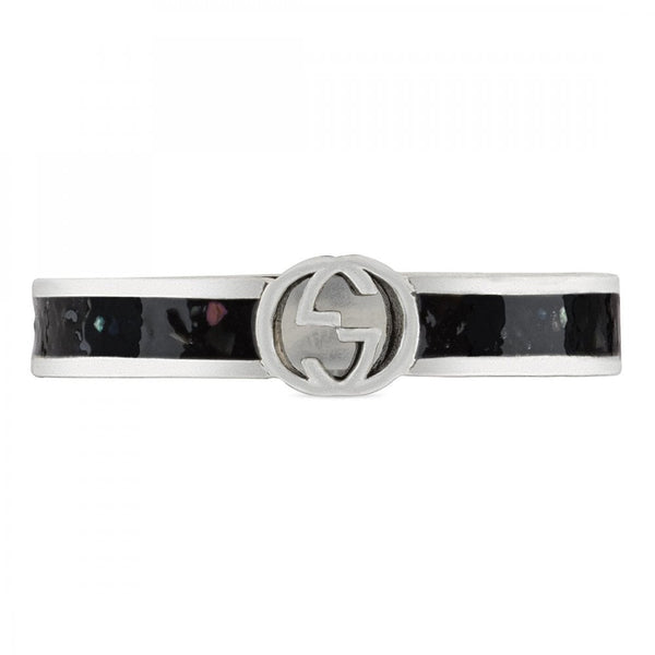 Gucci Interlocking 3mm Silver & Black Grain Enamel Ring