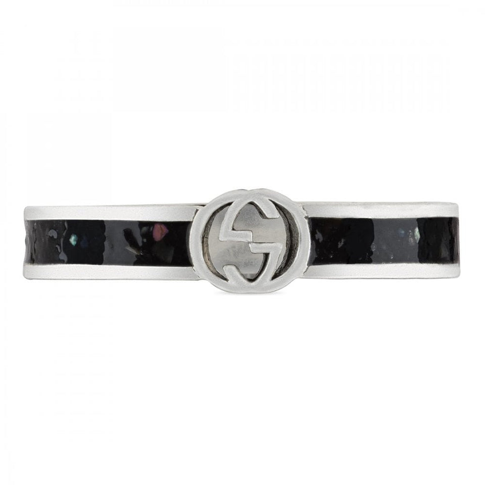 Gucci Interlocking 3mm Silver & Black Grain Enamel Ring