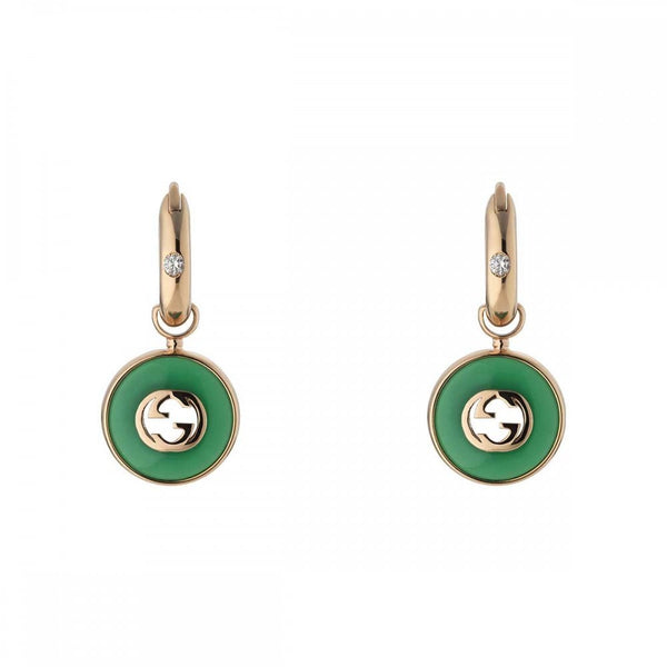 Gucci Interlocking 18ct Rose Gold Green Agate Drop Earrings