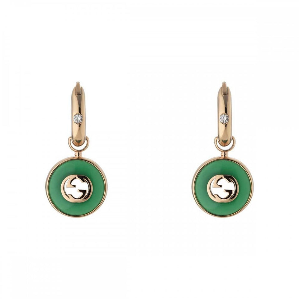 Gucci Interlocking 18ct Rose Gold Green Agate Drop Earrings