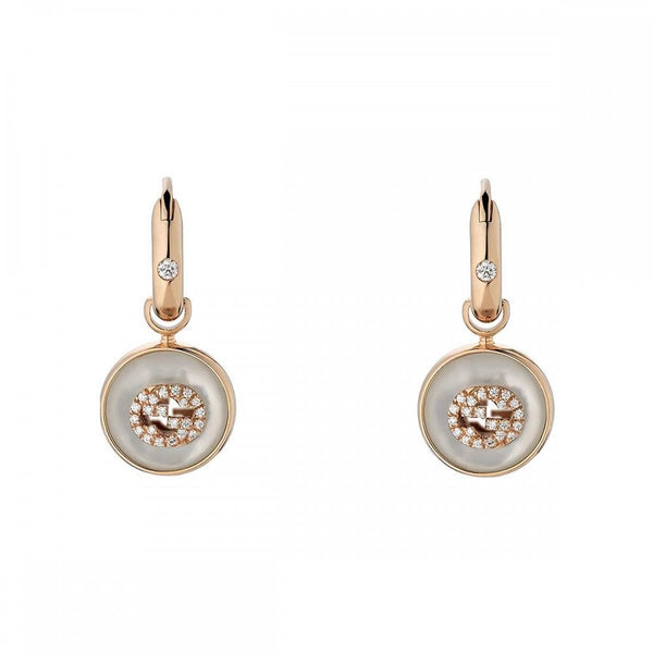 Gucci Interlocking 18ct Rose Gold Diamond + Mother Of Pearl Drop Earrings