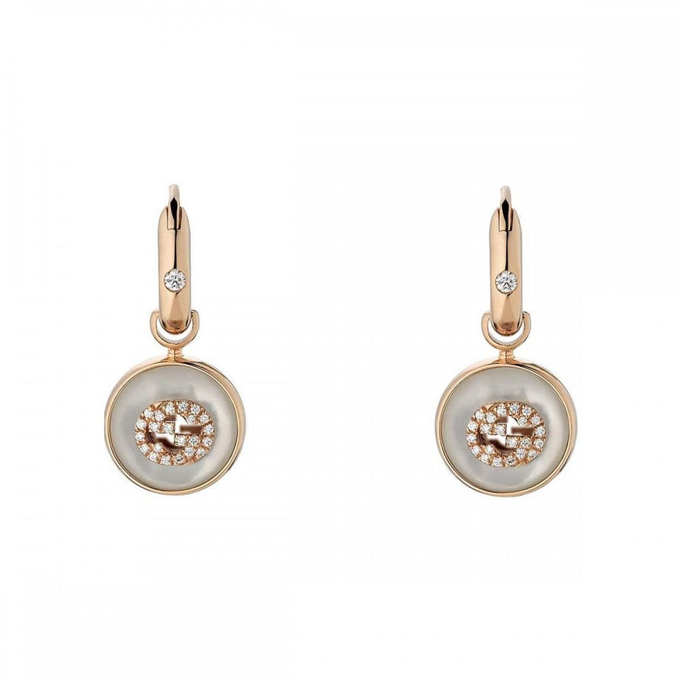 Gucci Interlocking 18ct Rose Gold Diamond + Mother Of Pearl Drop Earrings