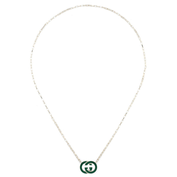 Gucci Interlocking G Green Pendant 45cm Silver Necklace