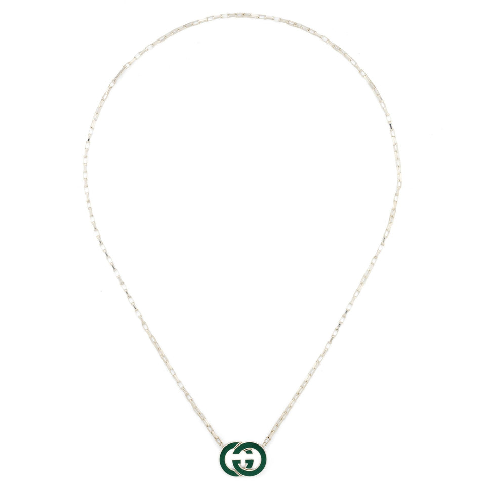 Gucci Interlocking G Green Pendant 45cm Silver Necklace
