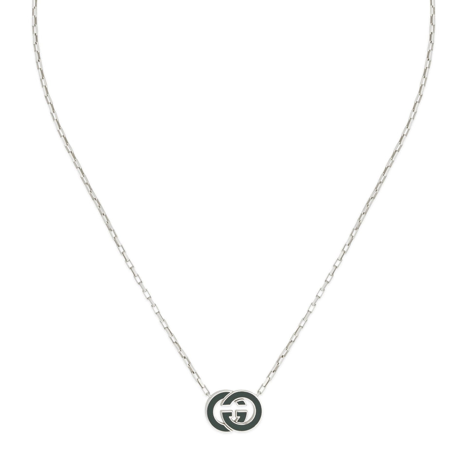 Gucci Interlocking G Green Pendant 45cm Silver Necklace