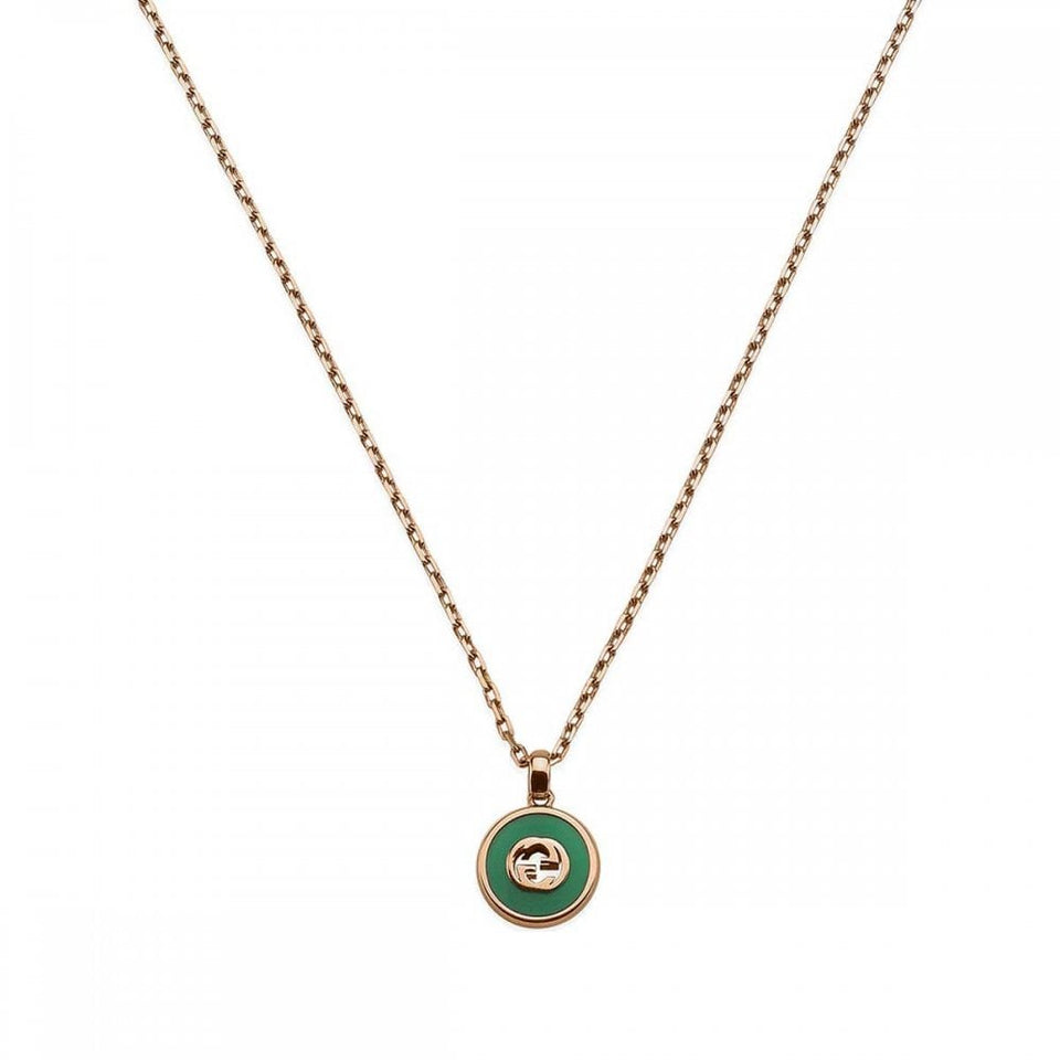Gucci Interlocking Necklace 18ct Rose Gold Green Agate Diamond