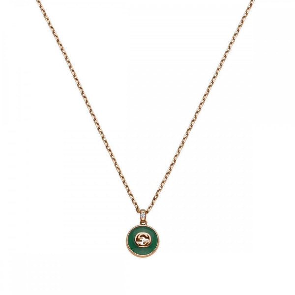 Gucci Interlocking Necklace 18ct Rose Gold Green Agate Diamond