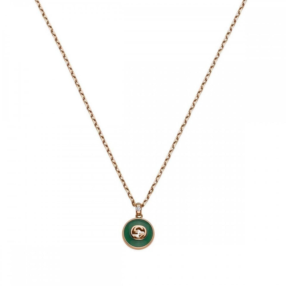 Gucci Interlocking Necklace 18ct Rose Gold Green Agate Diamond