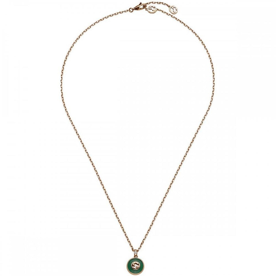 Gucci Interlocking Necklace 18ct Rose Gold Green Agate Diamond