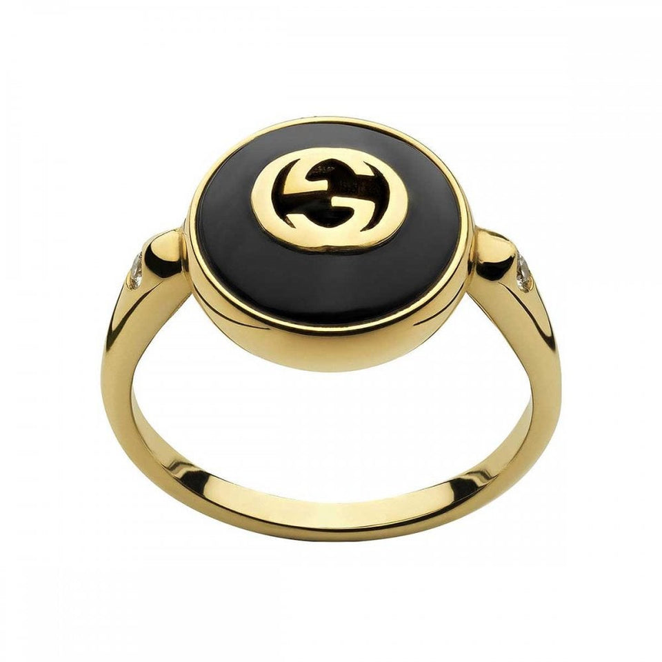 Gucci Interlocking Ring 18ct Gold Black Onyx Diamond