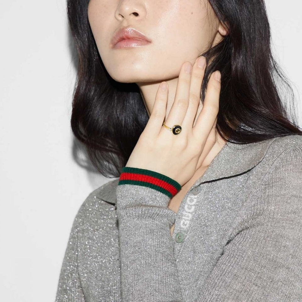 Gucci Interlocking Ring 18ct Gold Black Onyx Diamond
