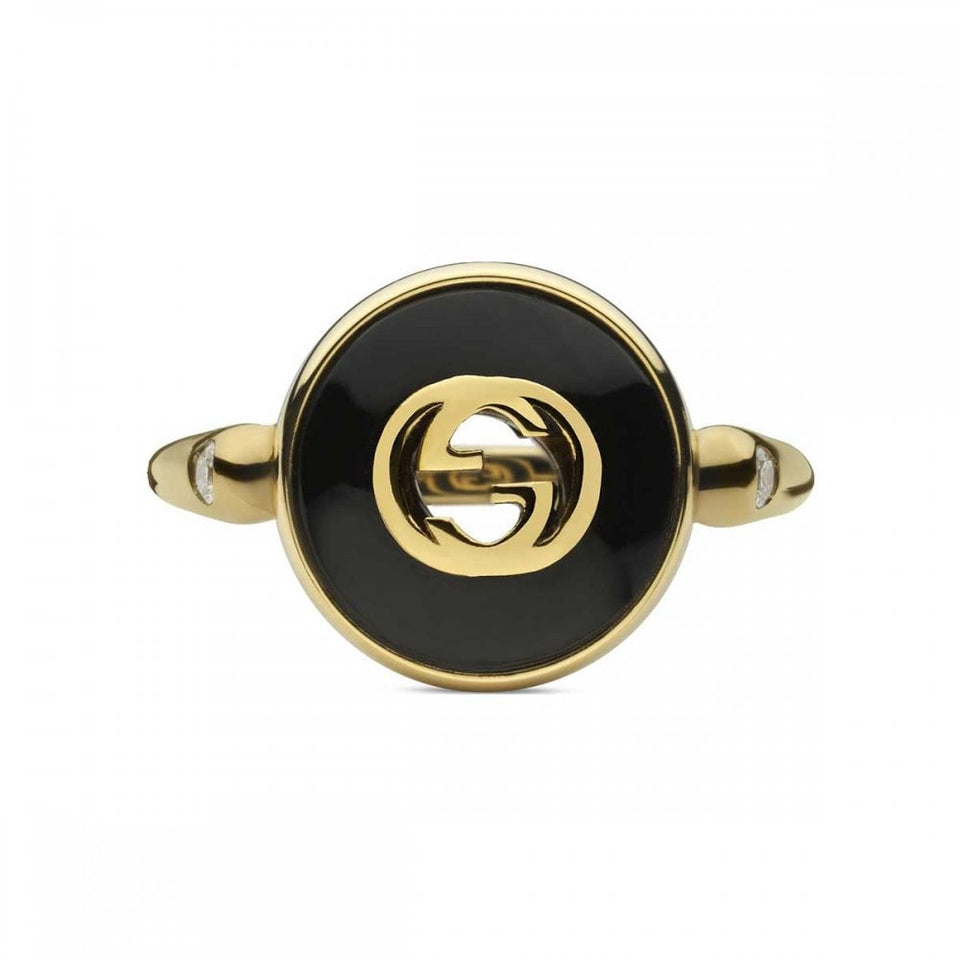 Gucci Interlocking Ring 18ct Gold Black Onyx Diamond