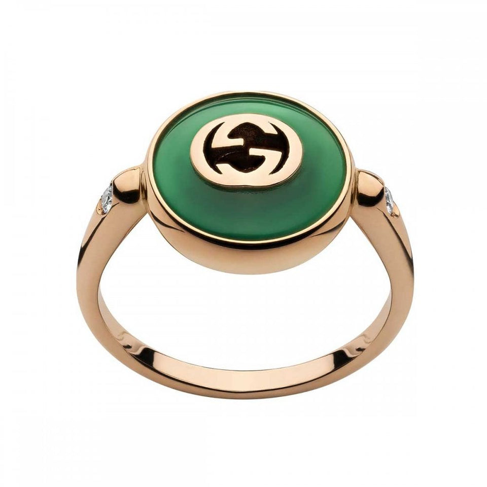 Gucci Interlocking Ring 18ct Rose Gold Green Agate Diamond