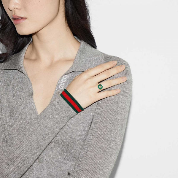 Gucci Interlocking Ring 18ct Rose Gold Green Agate Diamond