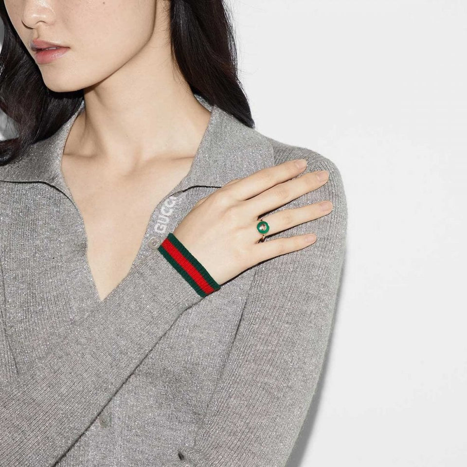 Gucci Interlocking Ring 18ct Rose Gold Green Agate Diamond