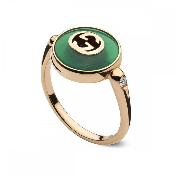 Gucci Interlocking Ring 18ct Rose Gold Green Agate Diamond