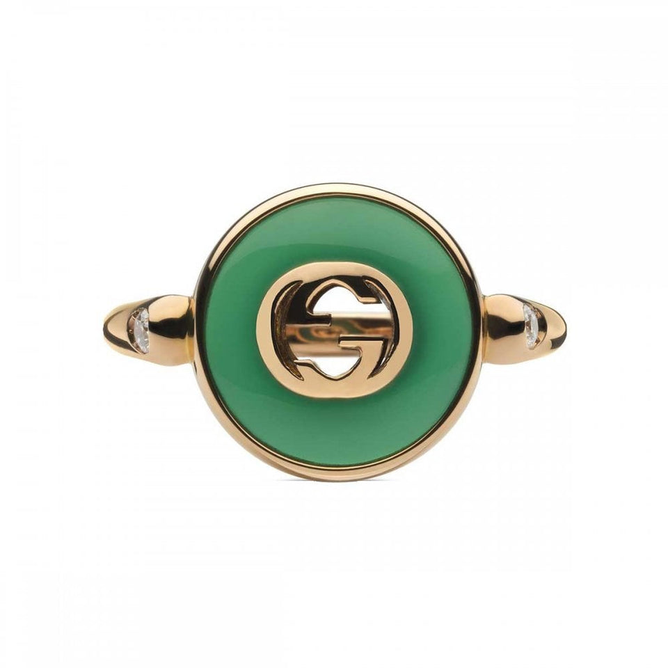 Gucci Interlocking Ring 18ct Rose Gold Green Agate Diamond