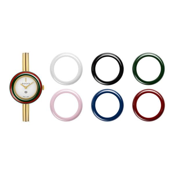 Gucci Play Gold Plated Bangle Watch with Interchangeable Ceramic Bezels
