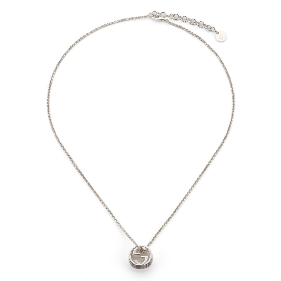 Gucci Web Motif Enamel Edge Sterlink Silver Disc Necklace