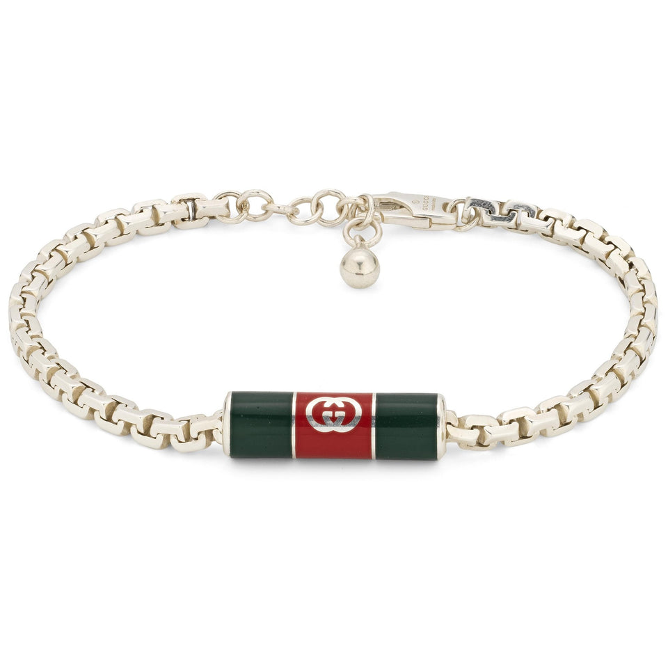 Gucci Web Motif Green and Red Enamel Silver Bracelet