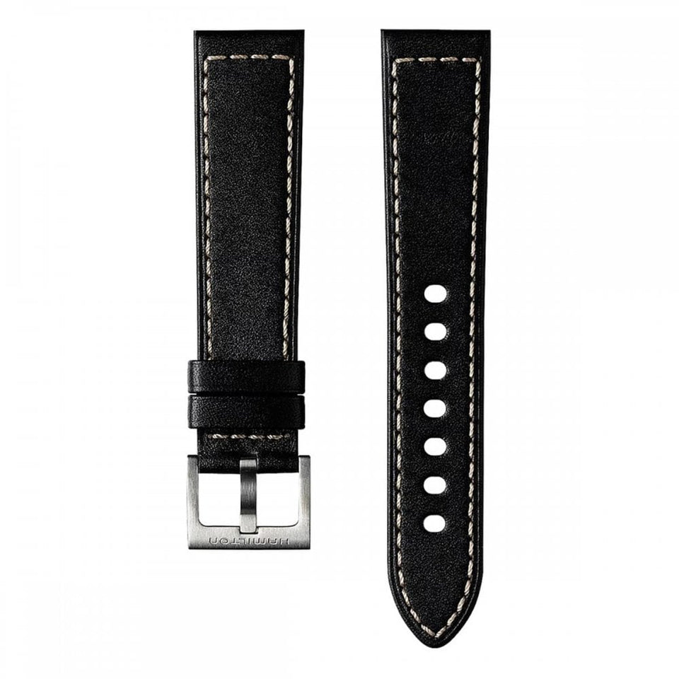 Hamilton KHAKI FIELD 20mm Black Leather Strap with White Stitching