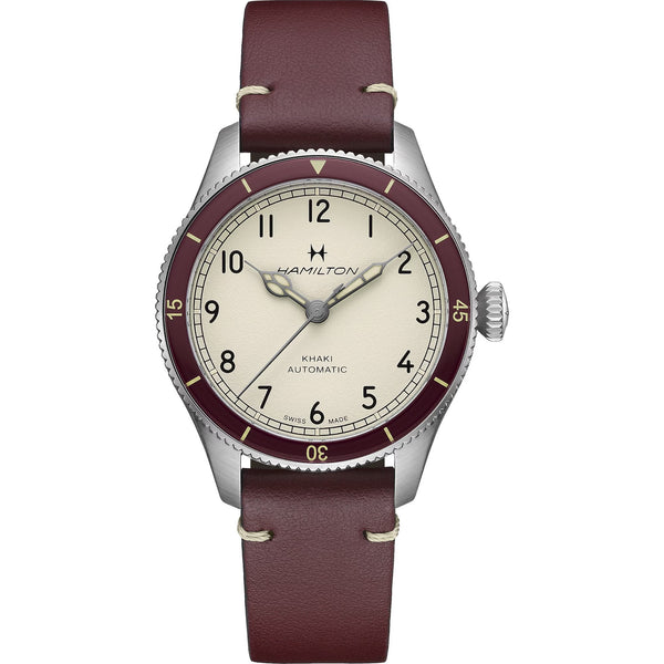 Hamilton Men's Khaki Aviation Pilot Pioneer 38mm Burgundy Strap Watch