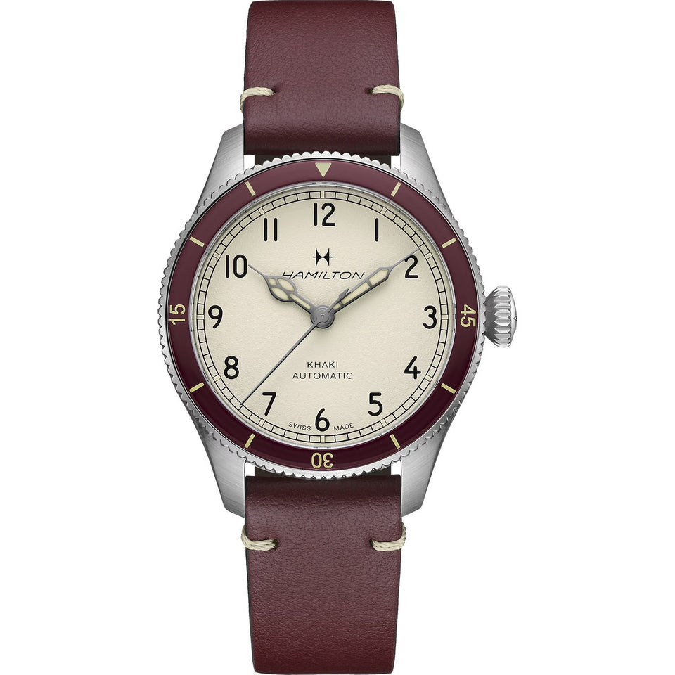 Hamilton Men's Khaki Aviation Pilot Pioneer 38mm Burgundy Strap Watch