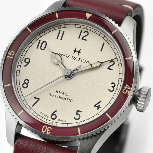 Hamilton Men's Khaki Aviation Pilot Pioneer 38mm Burgundy Strap Watch