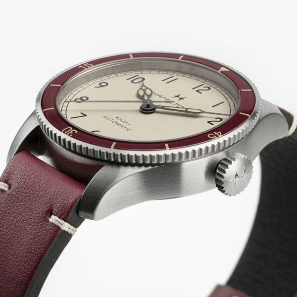 Hamilton Men's Khaki Aviation Pilot Pioneer 38mm Burgundy Strap Watch