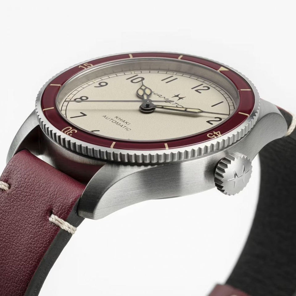 Hamilton Men's Khaki Aviation Pilot Pioneer 38mm Burgundy Strap Watch